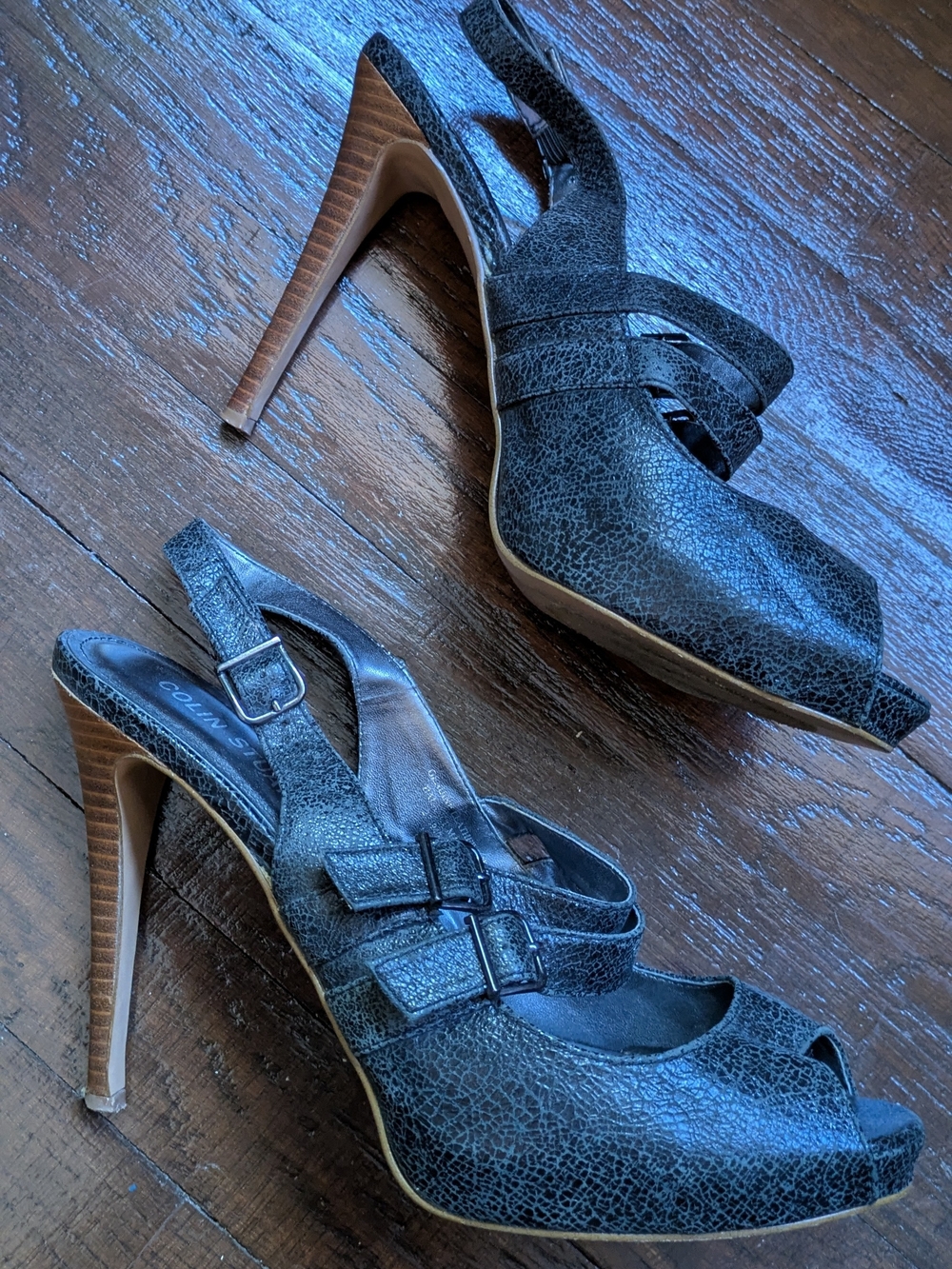 Colin Stuart Black Textured Peep-Toe Slingback Heels